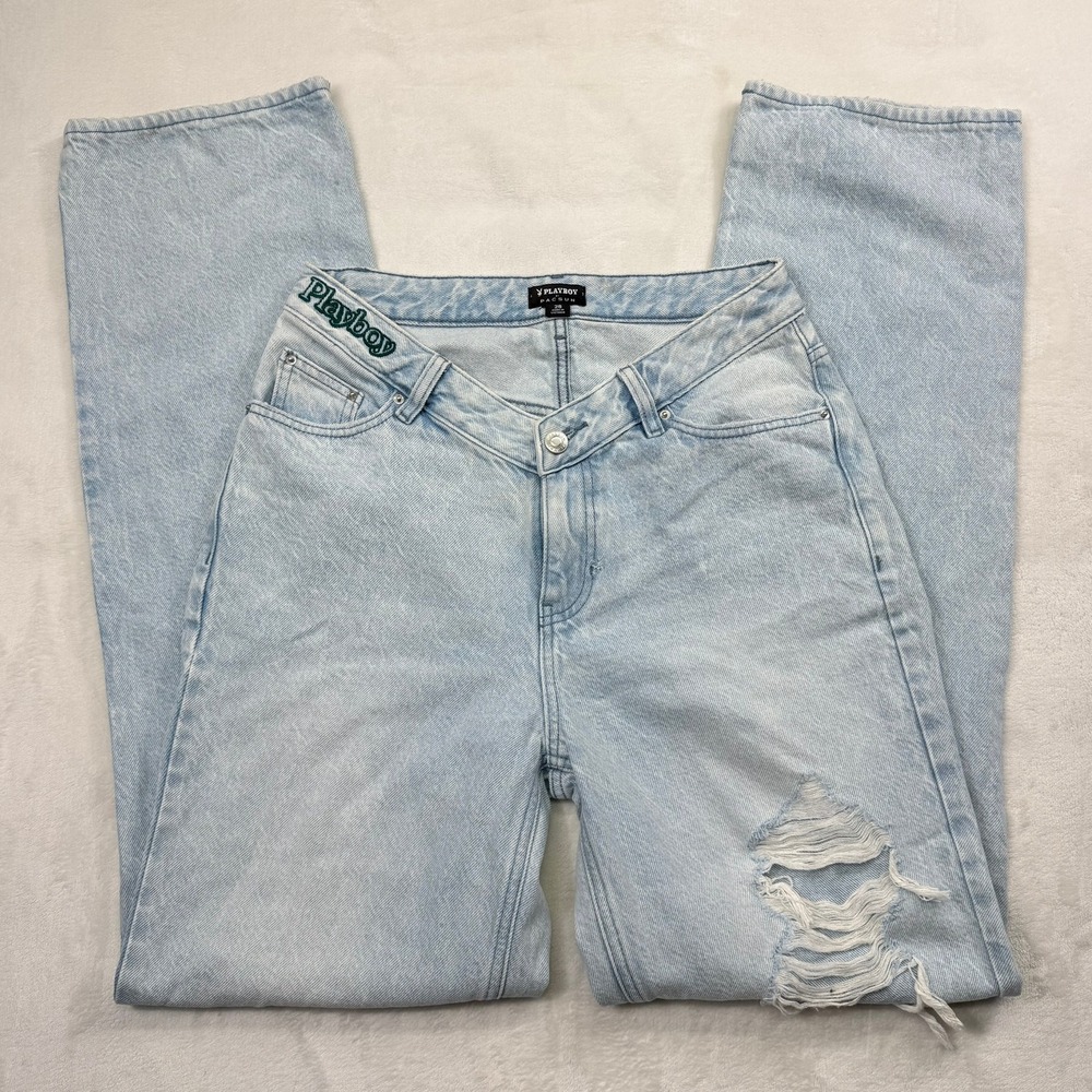 Playboy by PacSun Light Wash Distressed High Rise Straight Leg Jeans 28